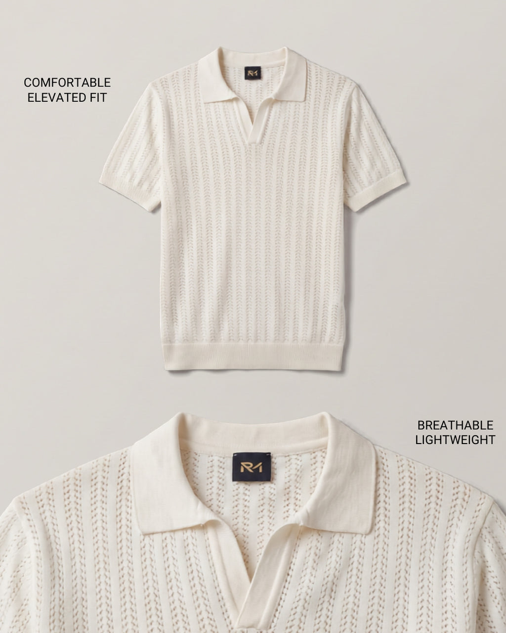 Open Knitted Short-Sleeve Polo Shirt - Creamy
