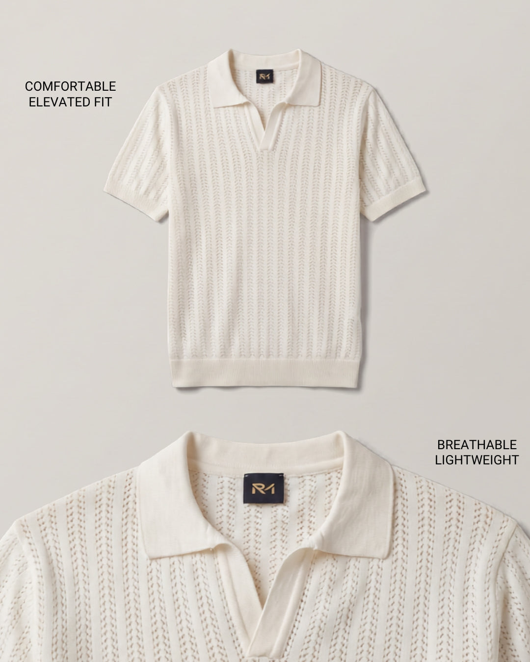 Open Knitted Short-Sleeve Polo Shirt - Creamy