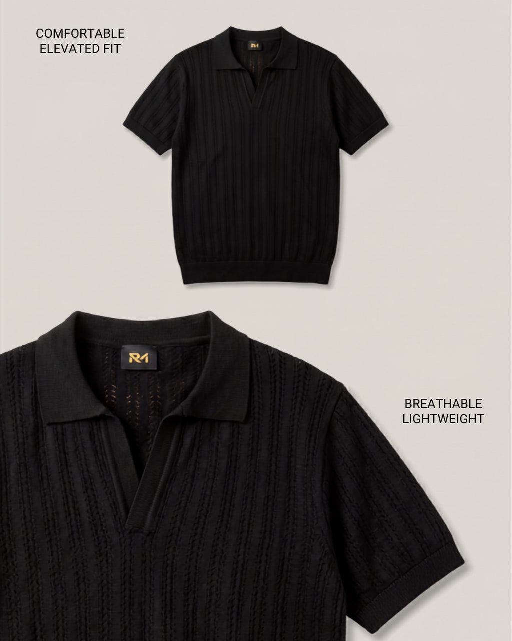 Open Knitted Short-Sleeve Polo Shirt - Black