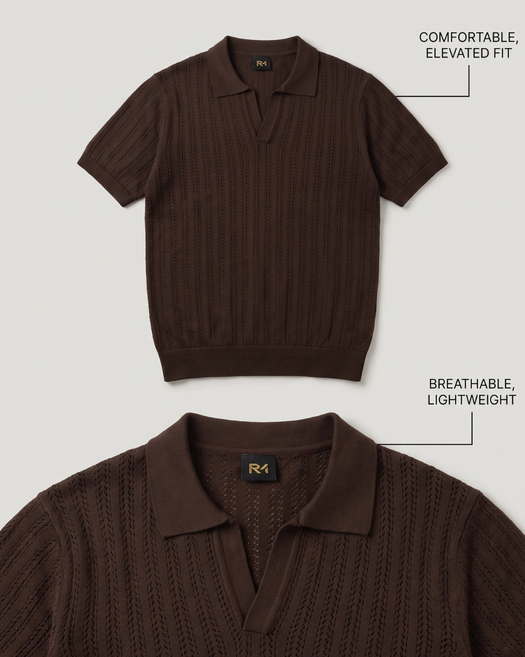 Open Knitted Short-Sleeve Polo Shirt - Brown