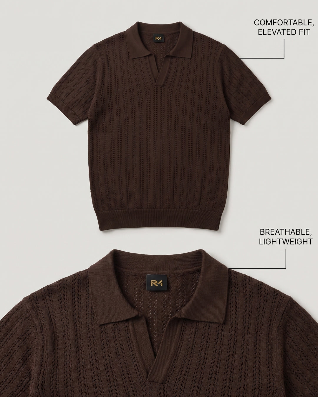 Open Knitted Short-Sleeve Polo Shirt - Brown
