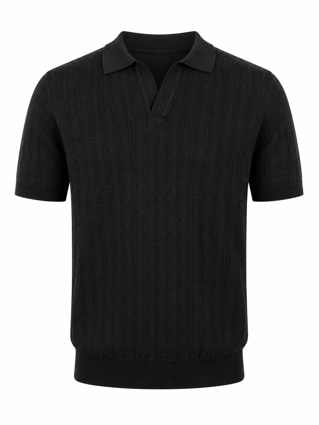Open Knitted Short-Sleeve Polo Shirt - Black