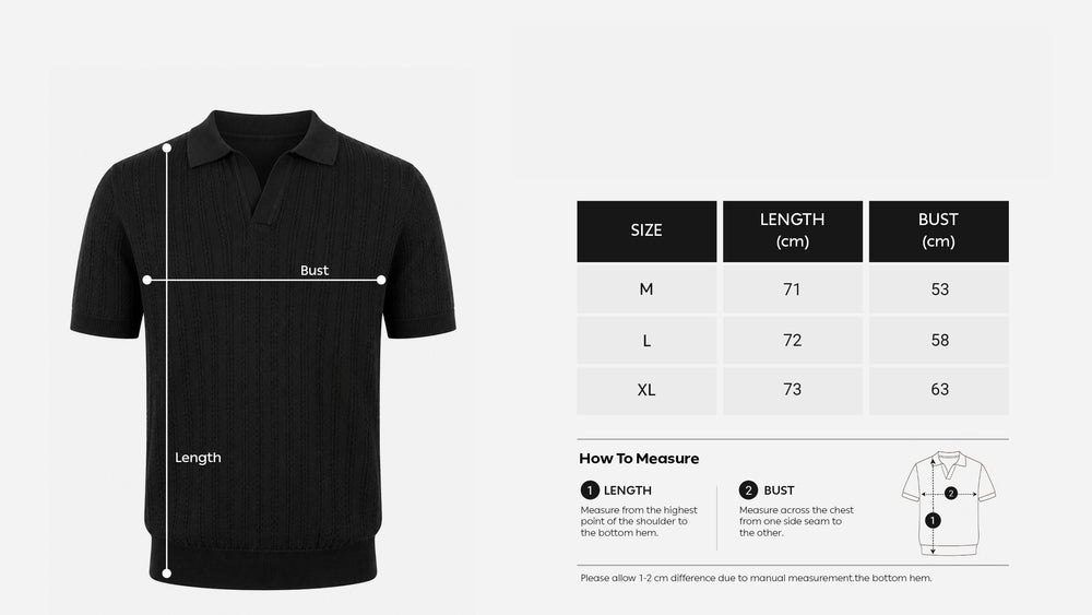 Open Knitted Short-Sleeve Polo Shirt - Black size chart