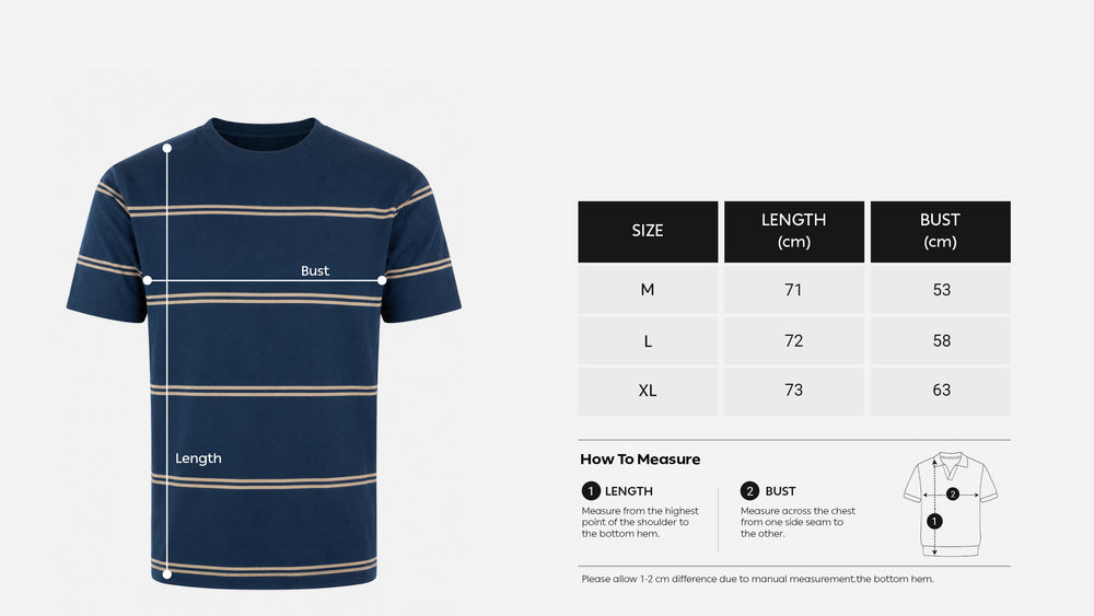 Striped Crew Neck Knit Tee - Navy size chart