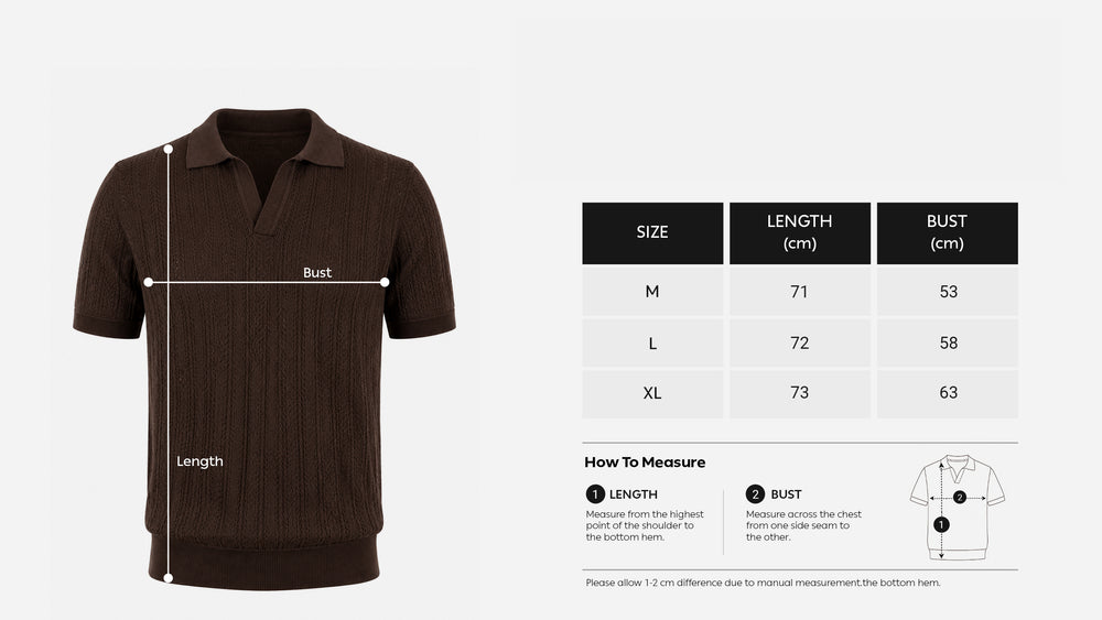 Open Knitted Short-Sleeve Polo Shirt - Brown size chart