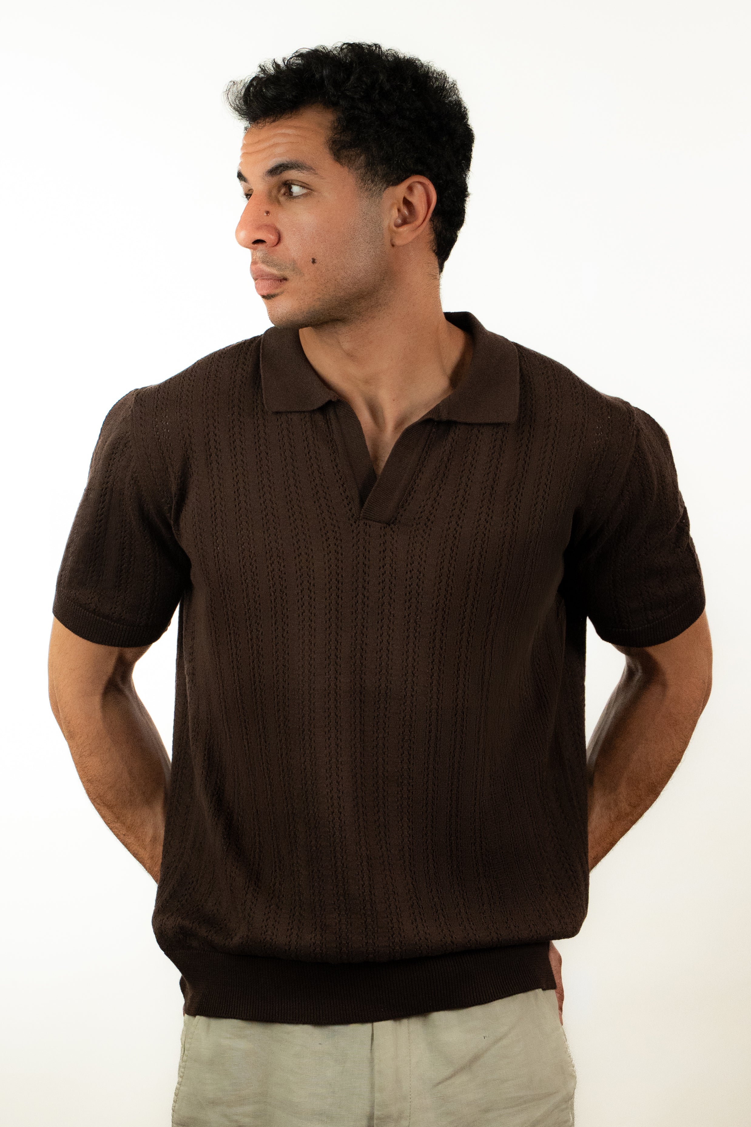 Open Knitted Short-Sleeve Polo Shirt - Brown