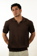 Open Knitted Short-Sleeve Polo Shirt - Brown