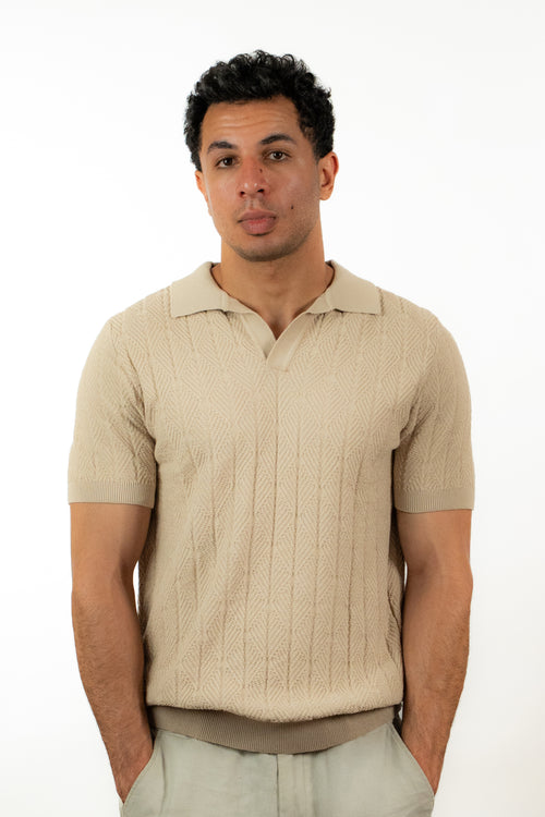Diamond Knitted Short-Sleeve Polo Shirt - Beige