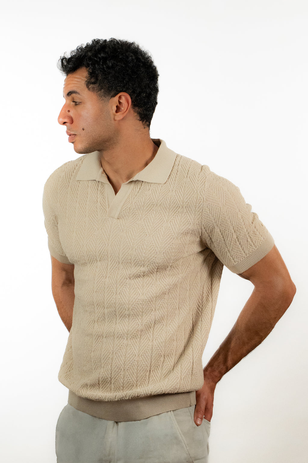 Diamond Knitted Short-Sleeve Polo Shirt - Beige