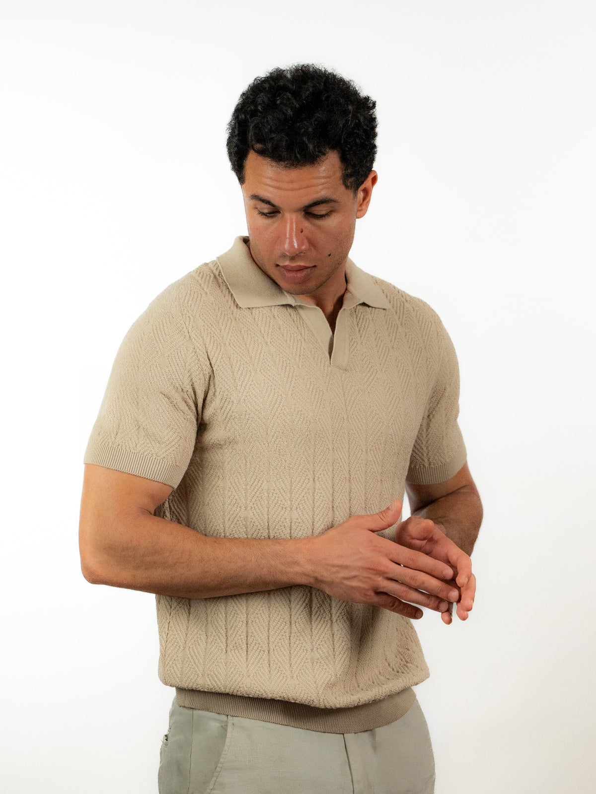 Diamond Knitted Polo — Beige