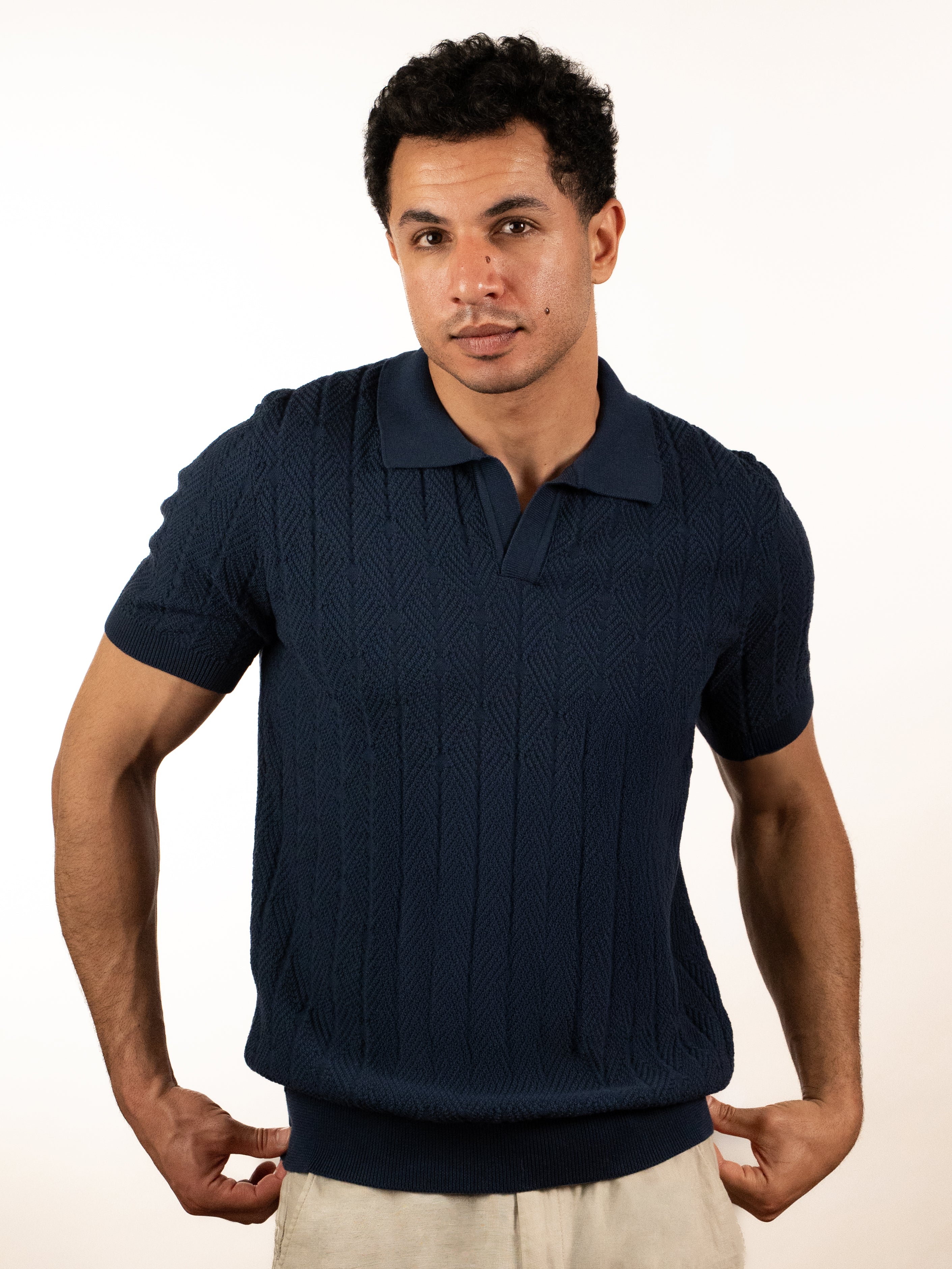 Diamond Knitted Short-Sleeve Polo Shirt - Navy – RM Shop