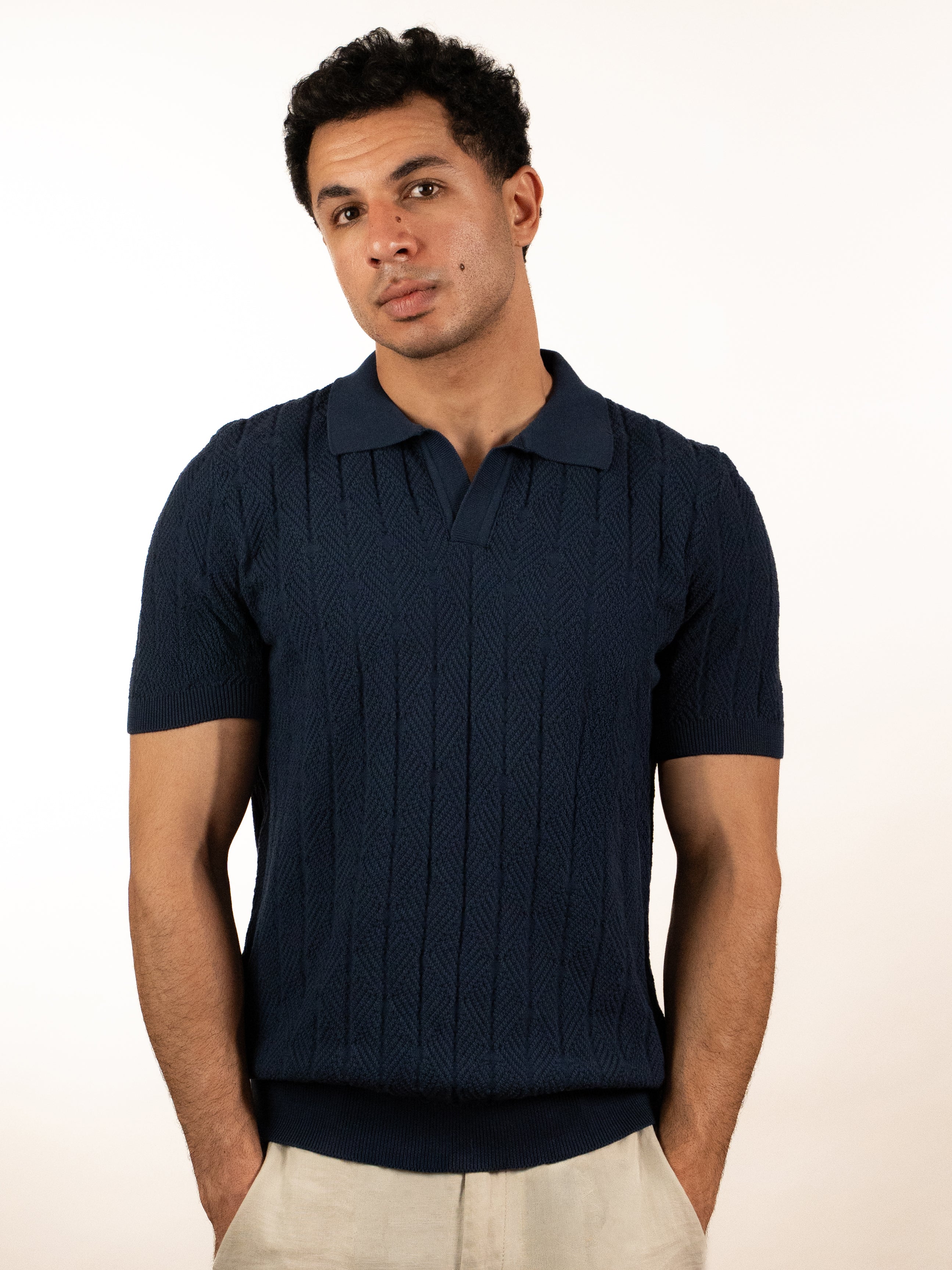 Diamond Knitted Short-Sleeve Polo Shirt - Navy – RM Shop