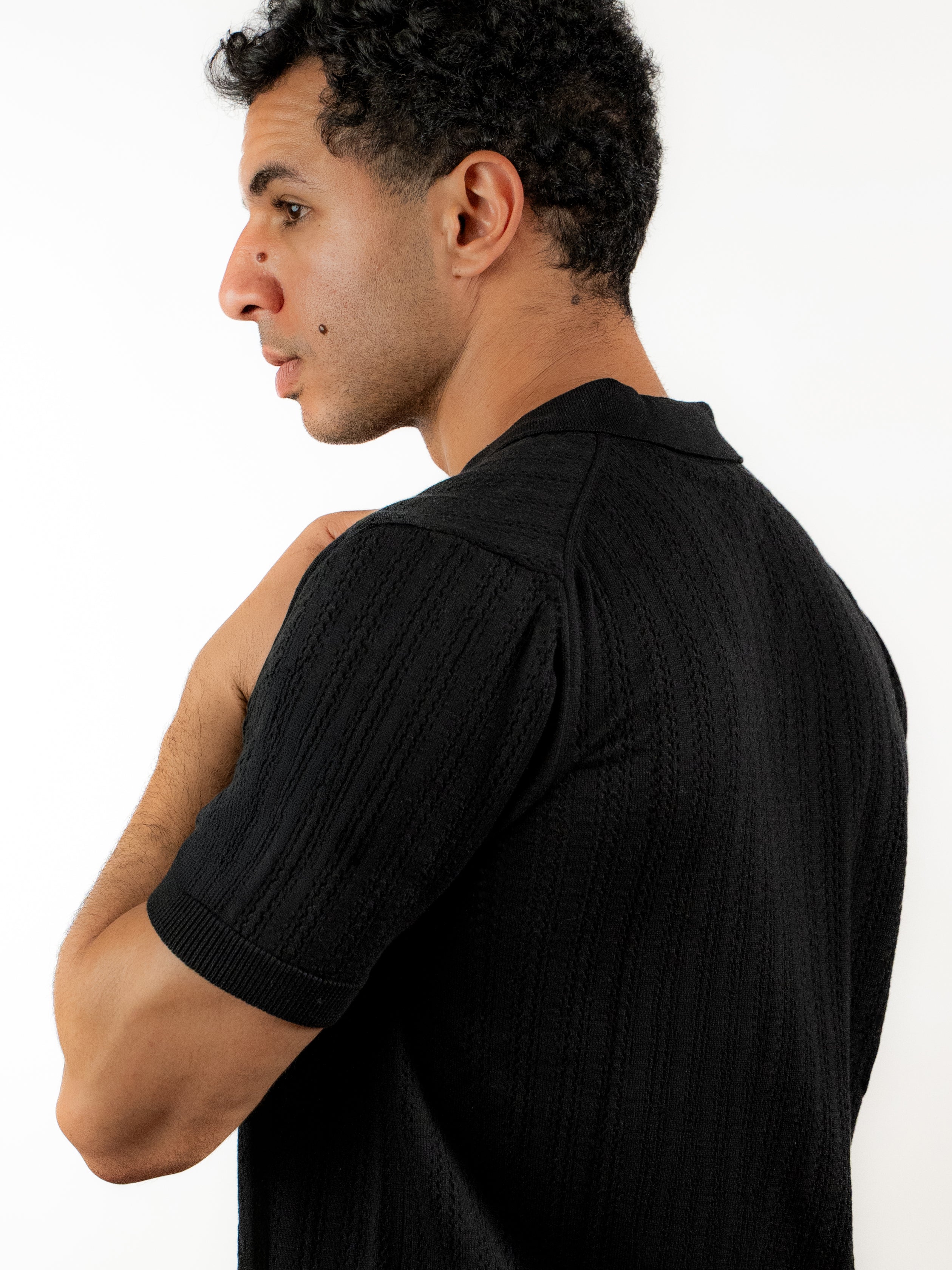 Open Knitted Short-Sleeve Polo Shirt - Black