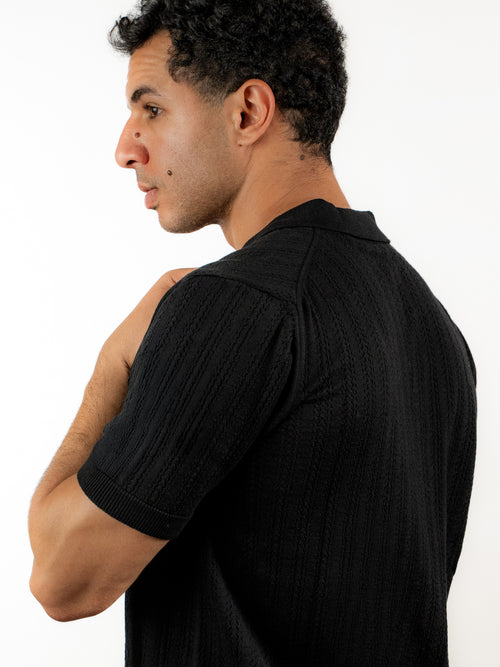 Open Knitted Short-Sleeve Polo Shirt - Black