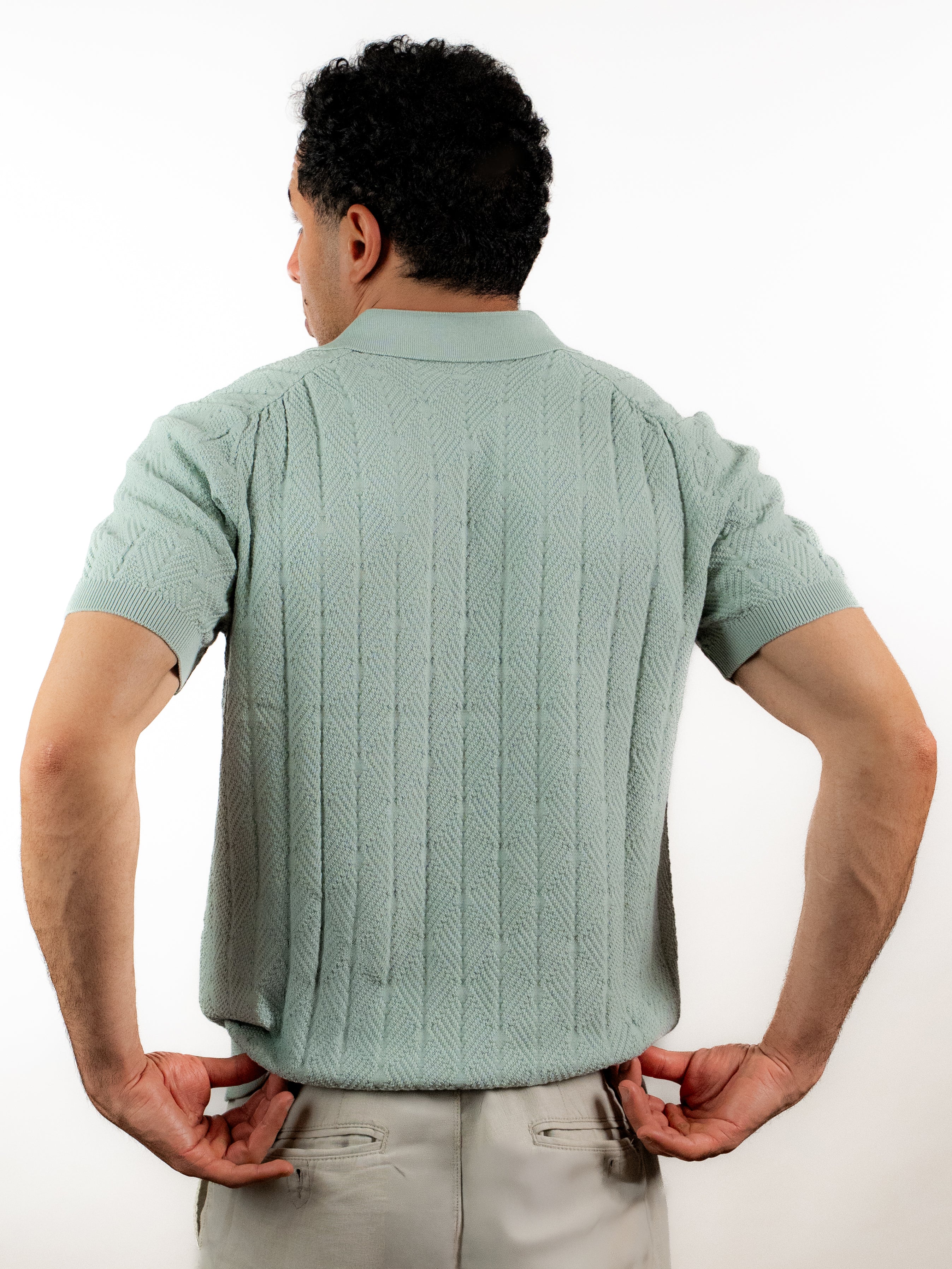 Diamond Knitted Short-Sleeve Polo Shirt - Sage