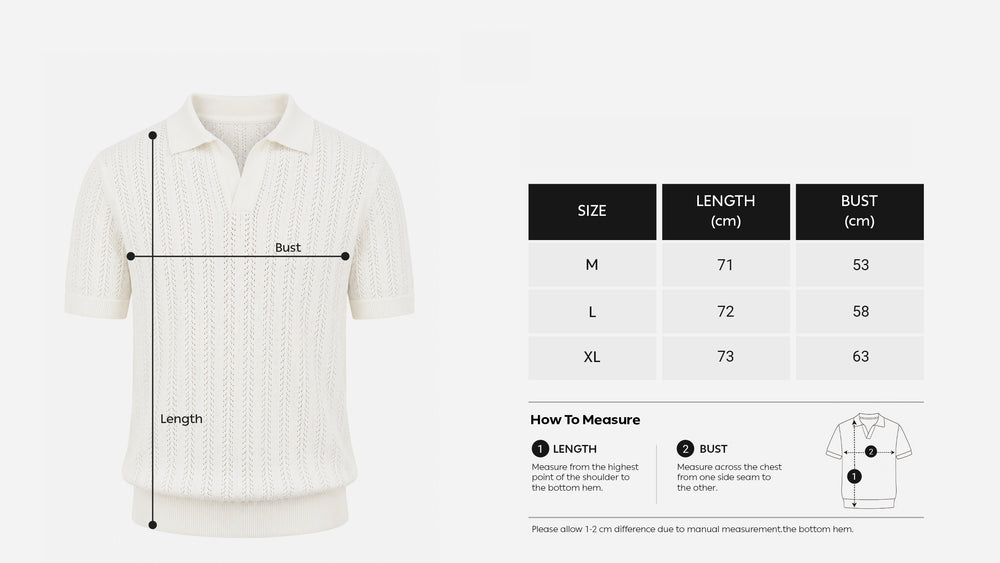 Open Knitted Short-Sleeve Polo Shirt - Creamy size chart