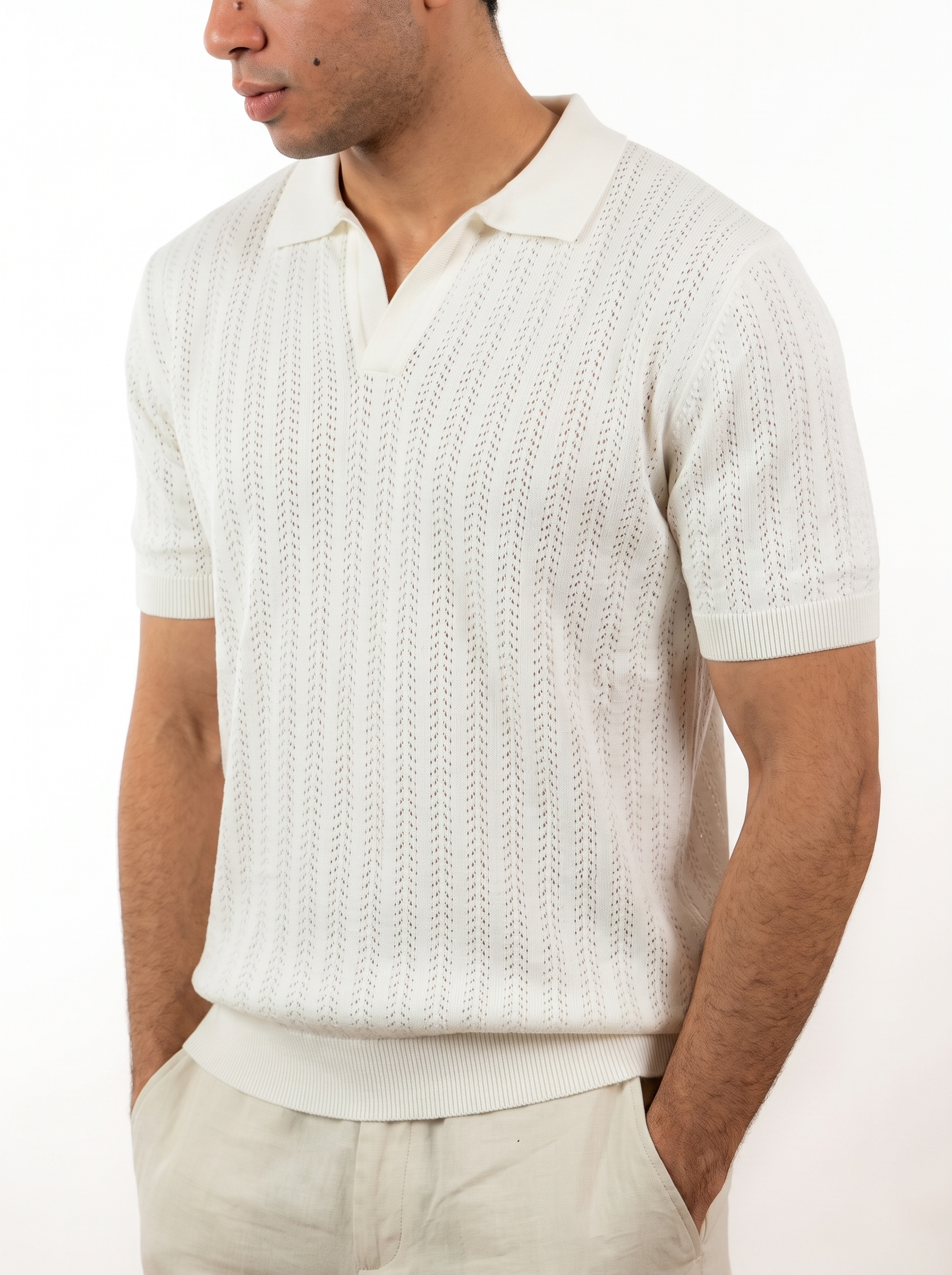Open Knitted Short-Sleeve Polo Shirt - Creamy