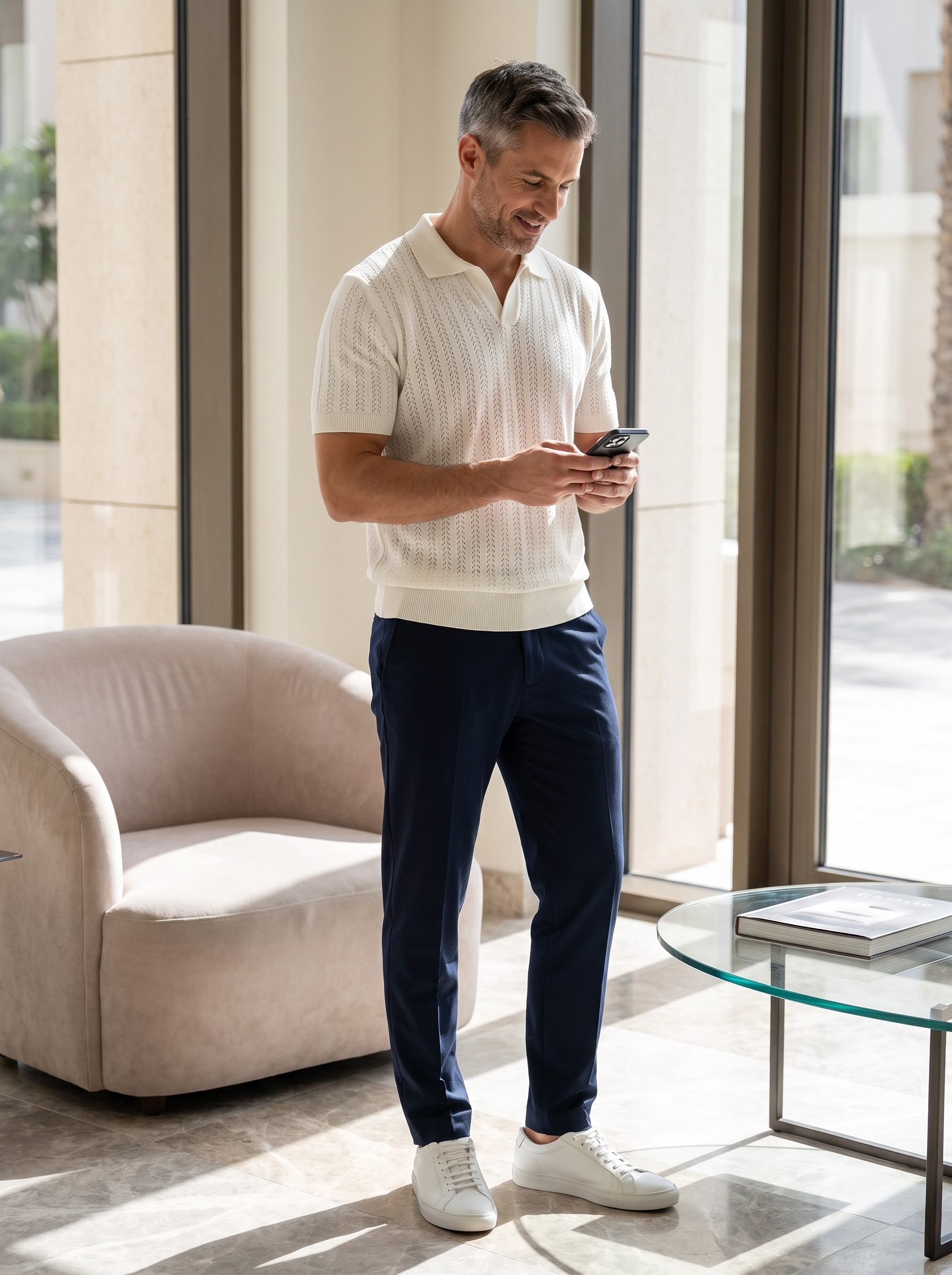 Open Knitted Short-Sleeve Polo Shirt - Creamy