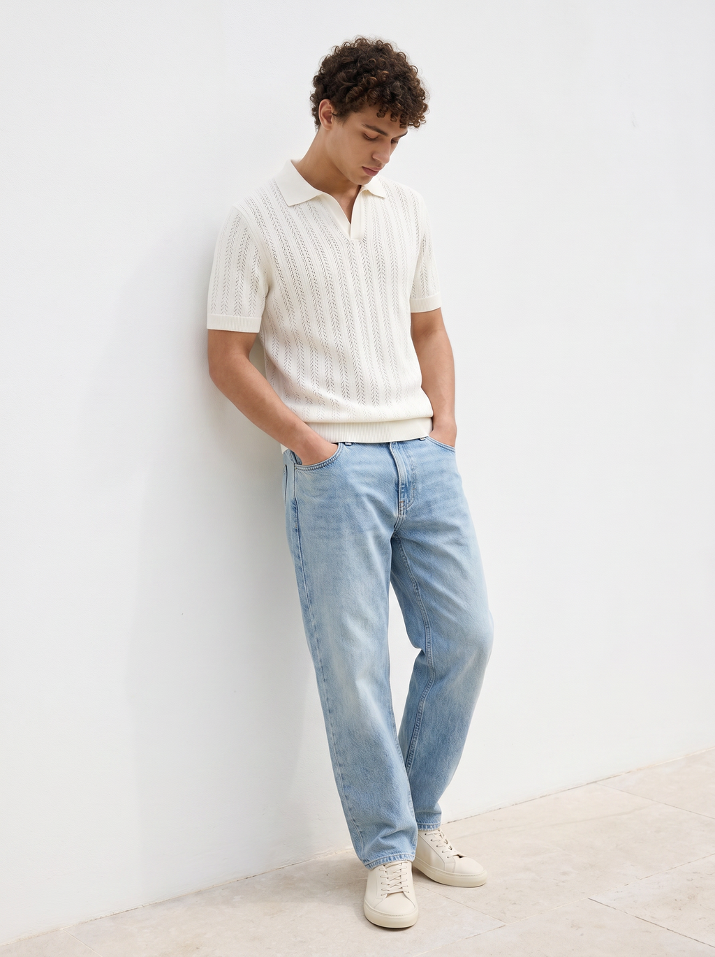 Open Knitted Short-Sleeve Polo Shirt - Creamy