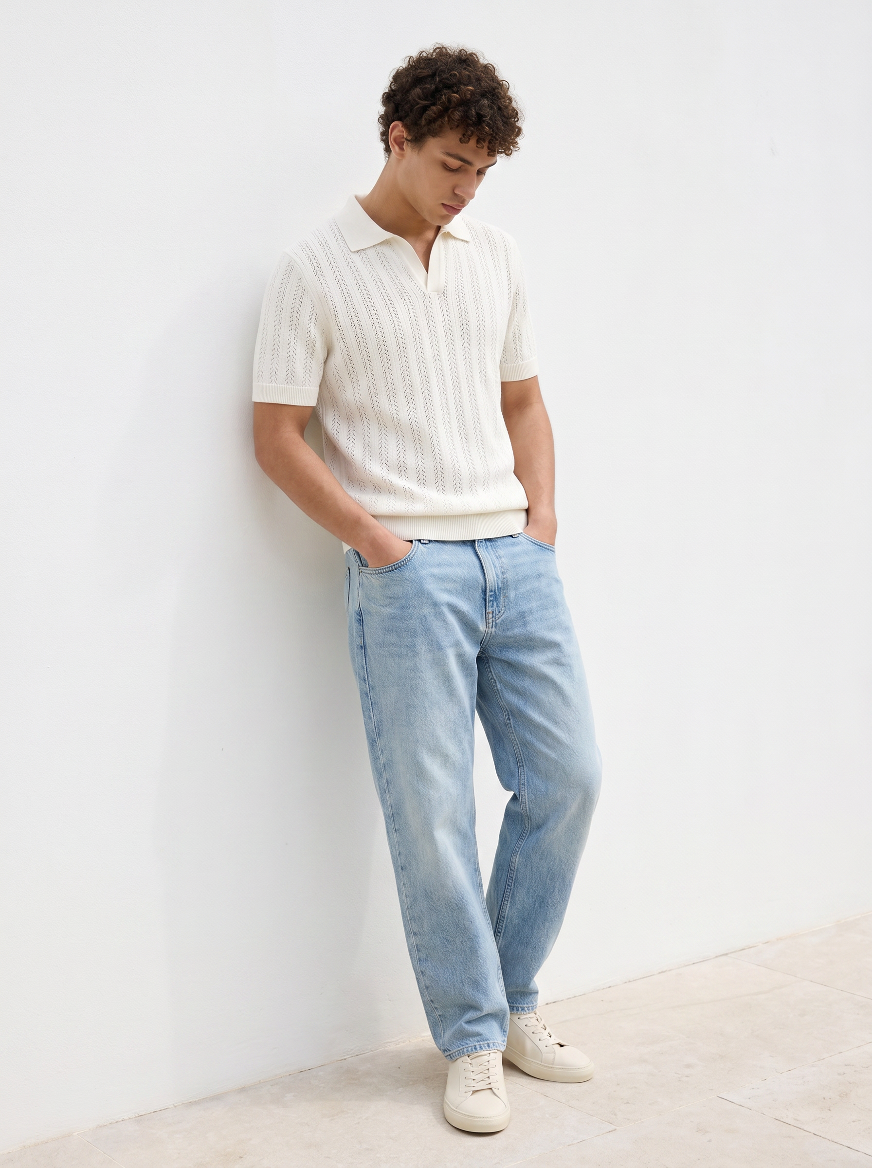 Open Knitted Short-Sleeve Polo Shirt - Creamy
