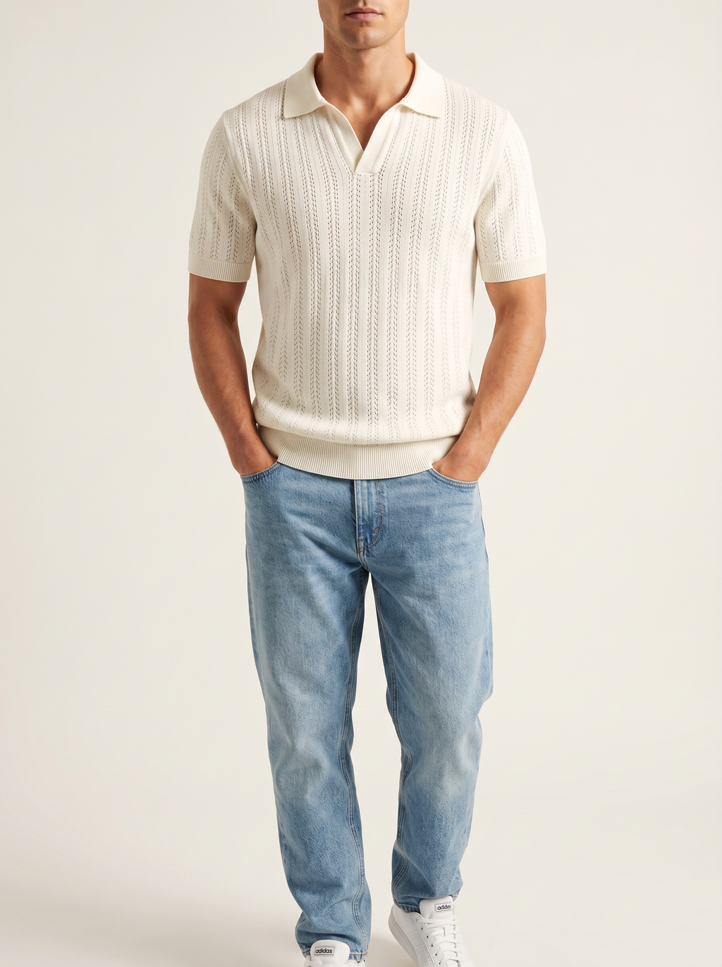 Open Knitted Short-Sleeve Polo Shirt - Creamy