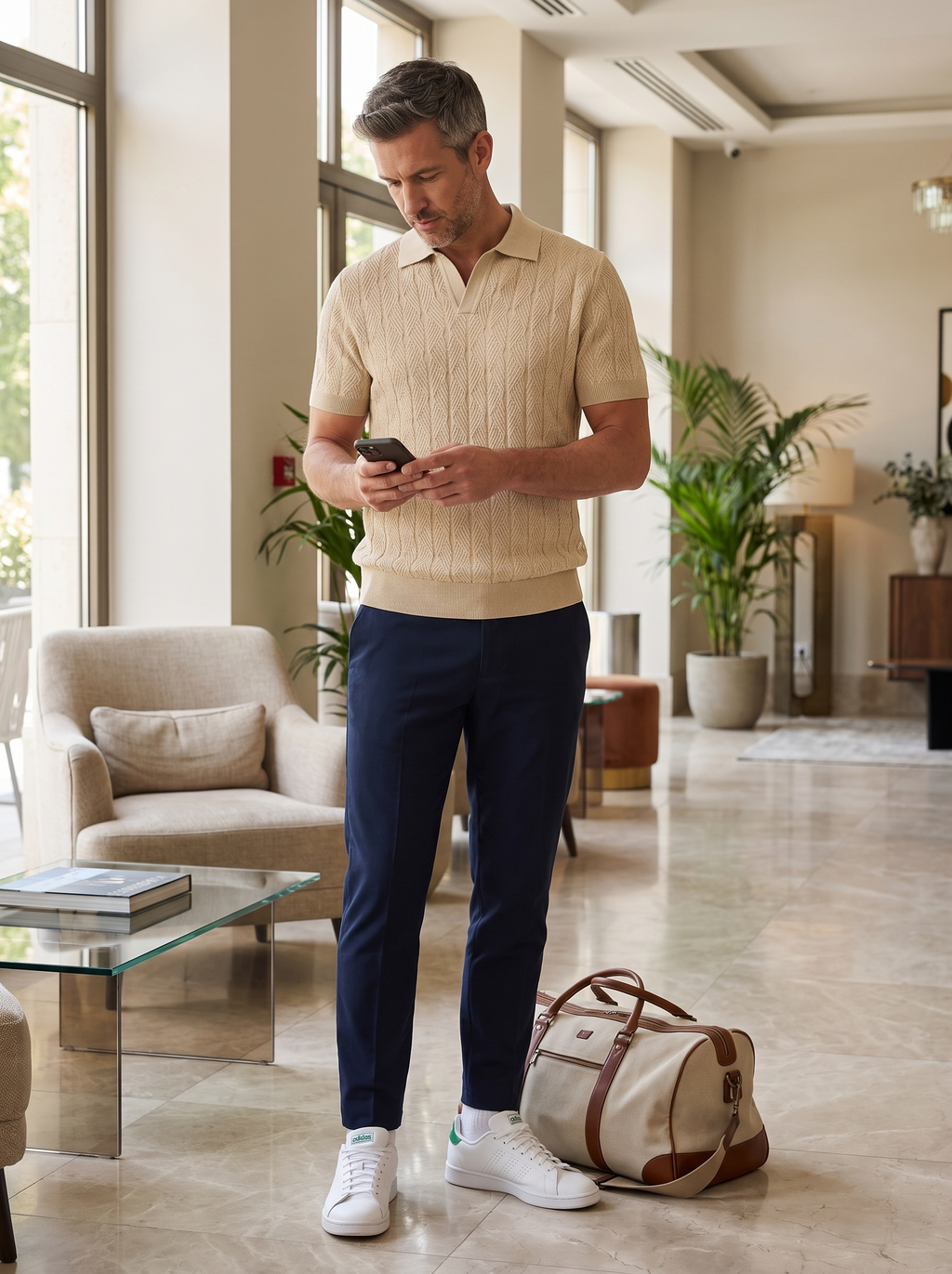 Diamond Knitted Short-Sleeve Polo Shirt - Beige