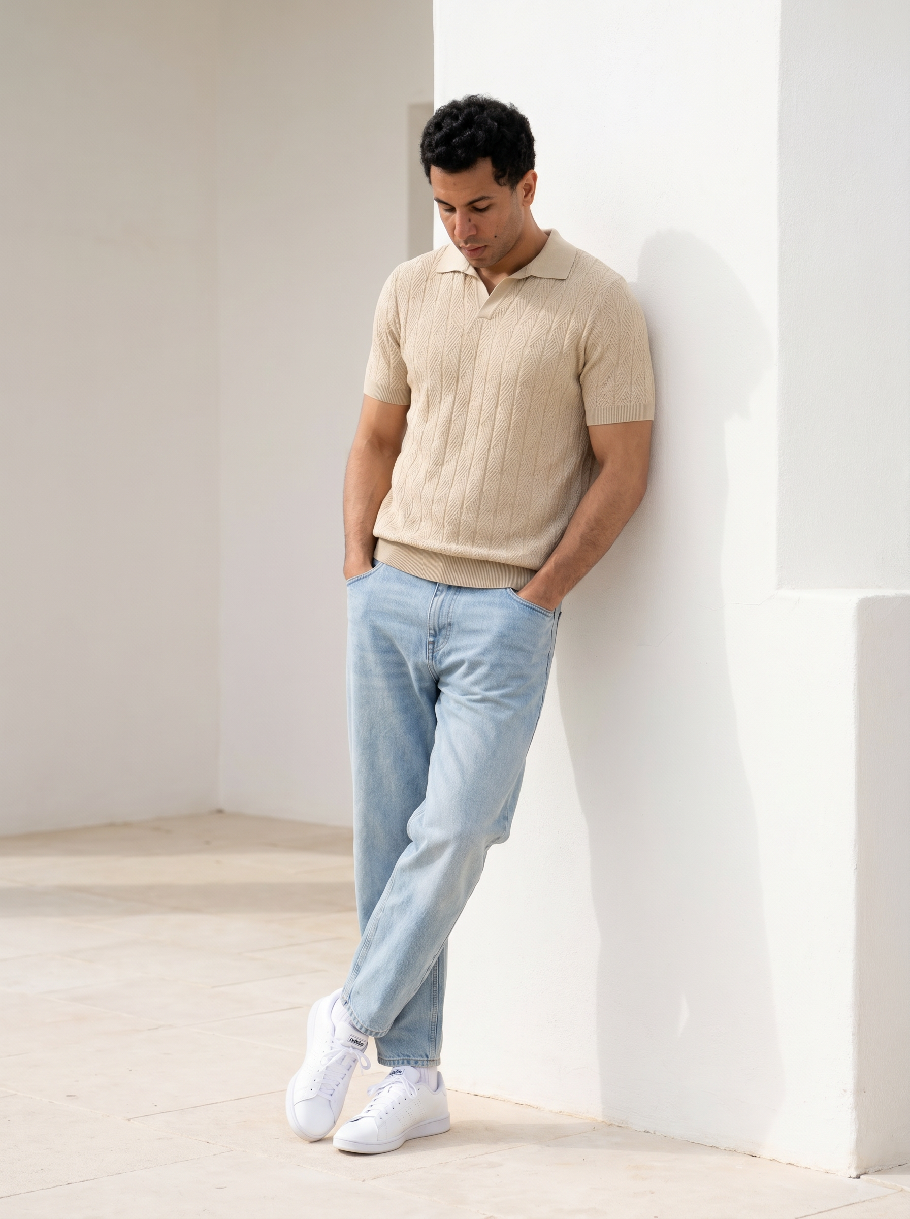 Diamond Knitted Short-Sleeve Polo Shirt - Beige