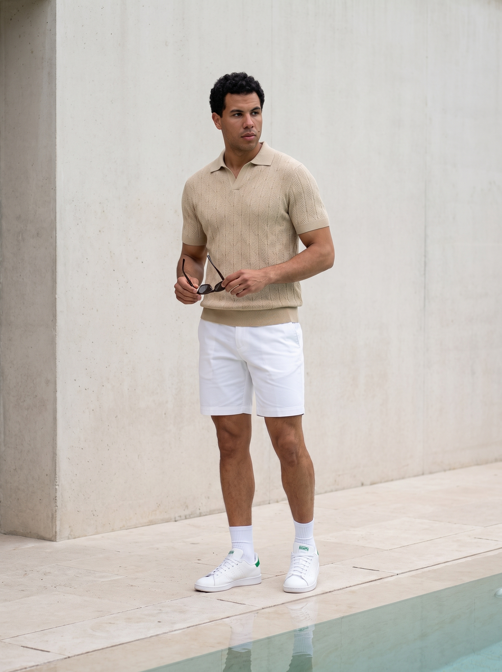 Diamond Knitted Short-Sleeve Polo Shirt - Beige