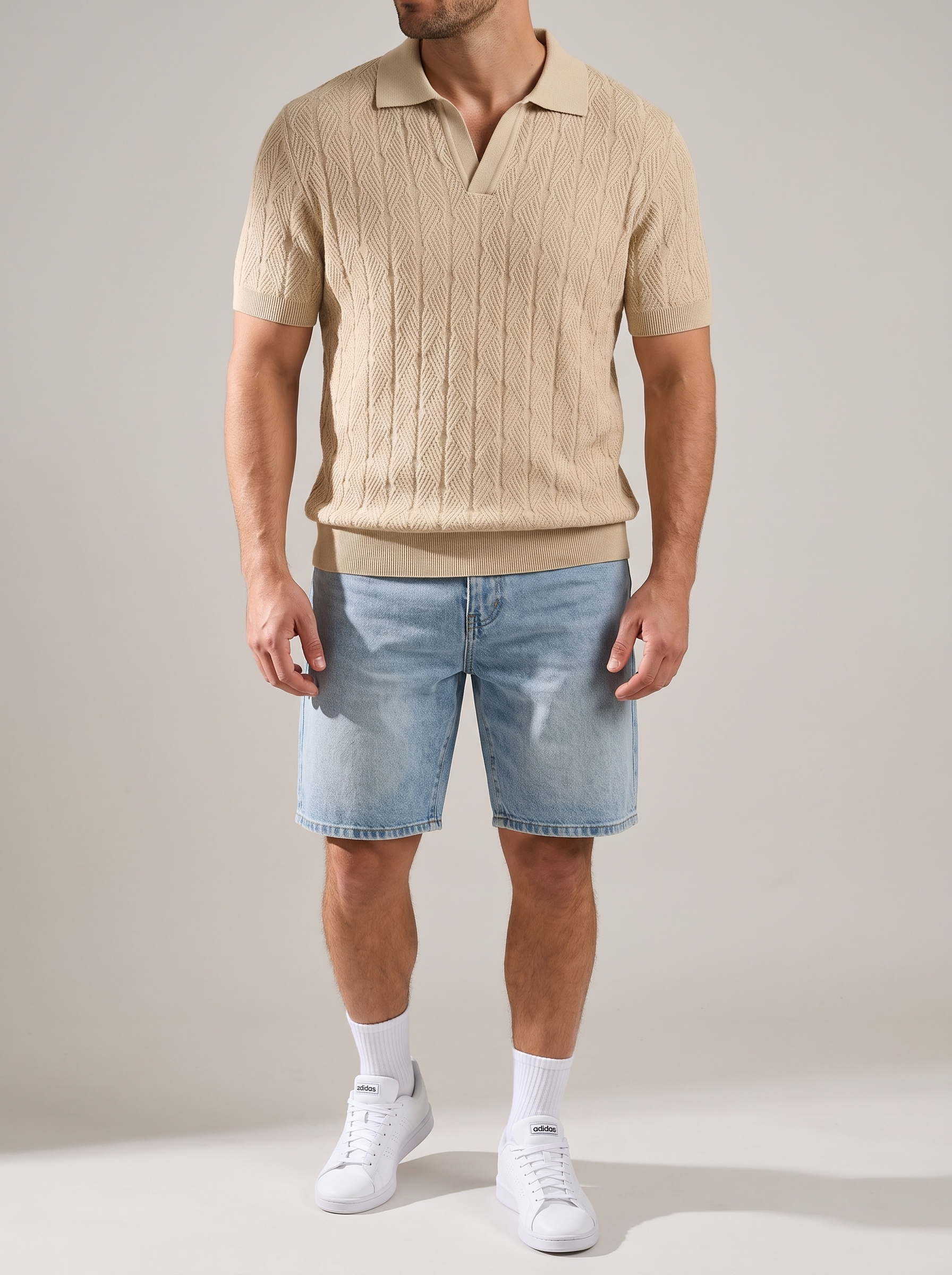Diamond Knitted Short-Sleeve Polo Shirt - Beige
