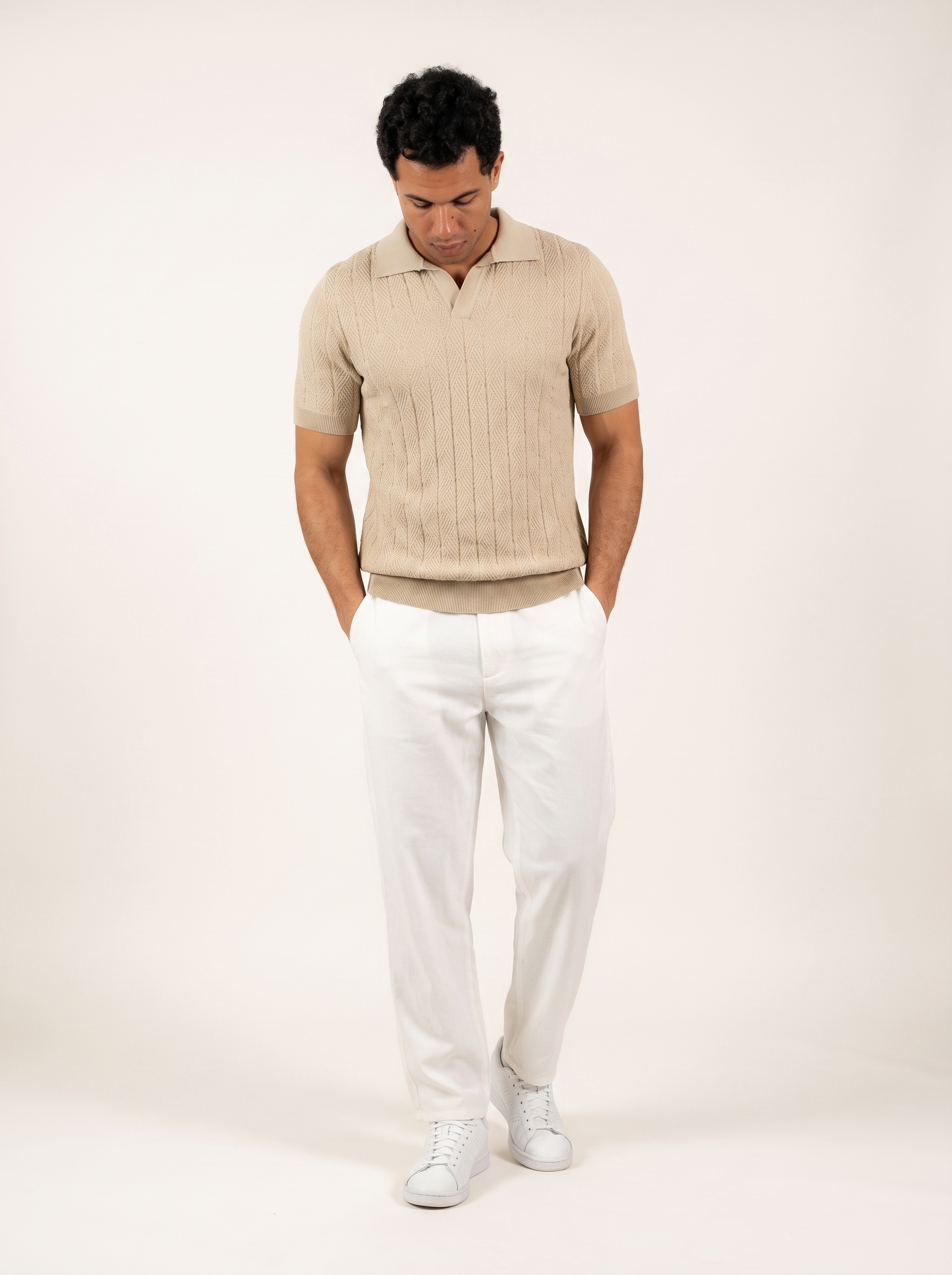 Diamond Knitted Short-Sleeve Polo Shirt - Beige