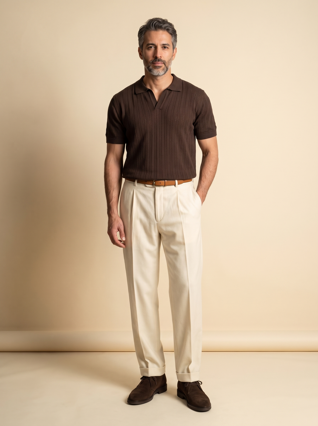 Open Knitted Short-Sleeve Polo Shirt - Brown