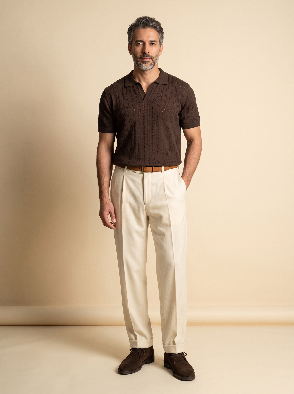 Open Knitted Short-Sleeve Polo Shirt - Brown