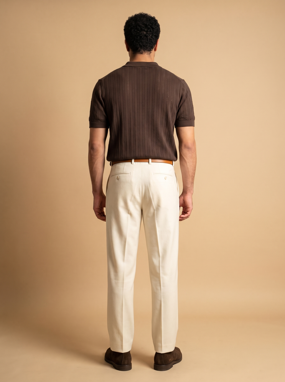 Open Knitted Short-Sleeve Polo Shirt - Brown