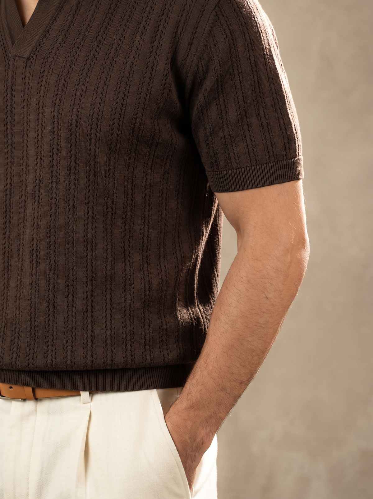 Open Knitted Short-Sleeve Polo Shirt - Brown
