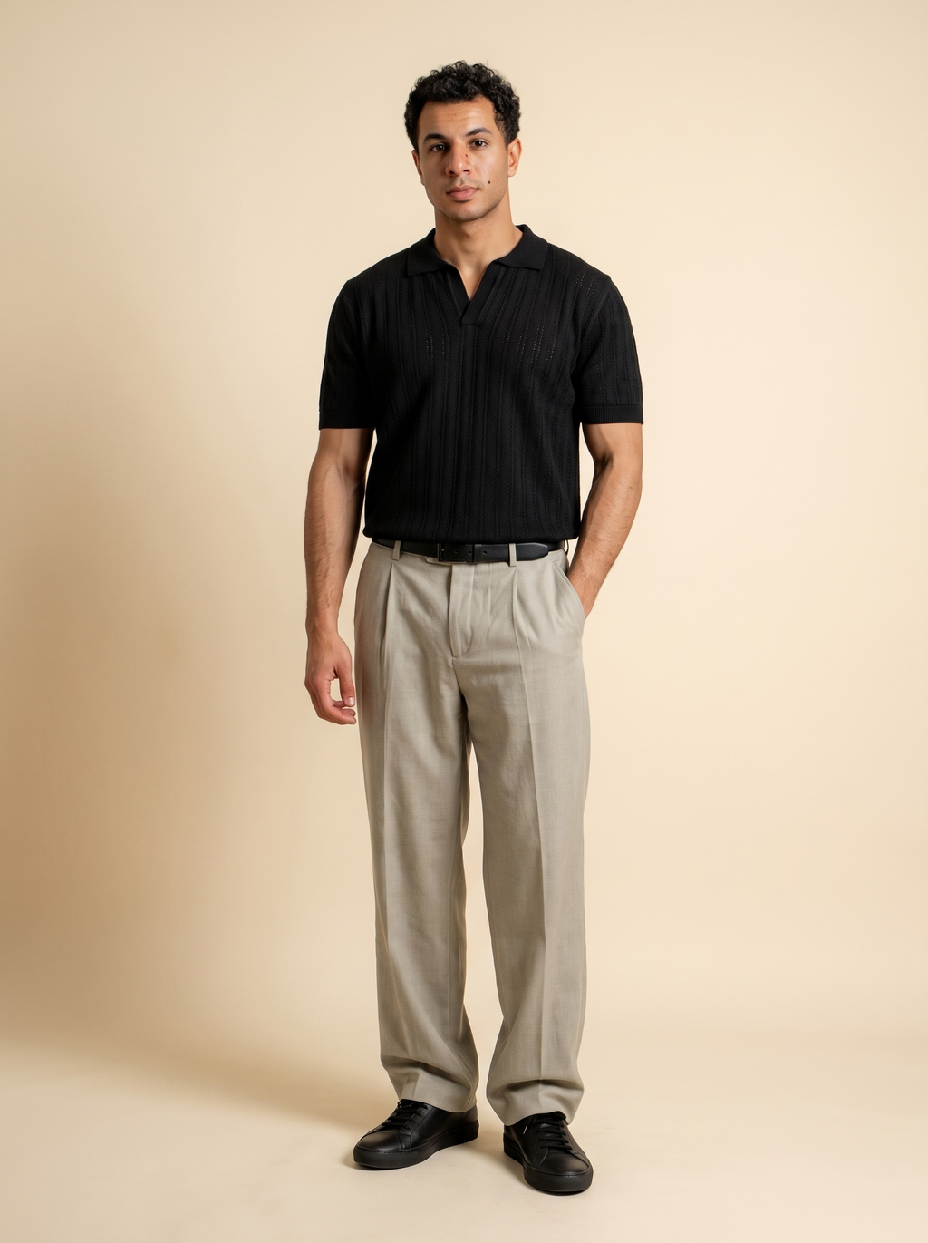 Open Knitted Short-Sleeve Polo Shirt - Black