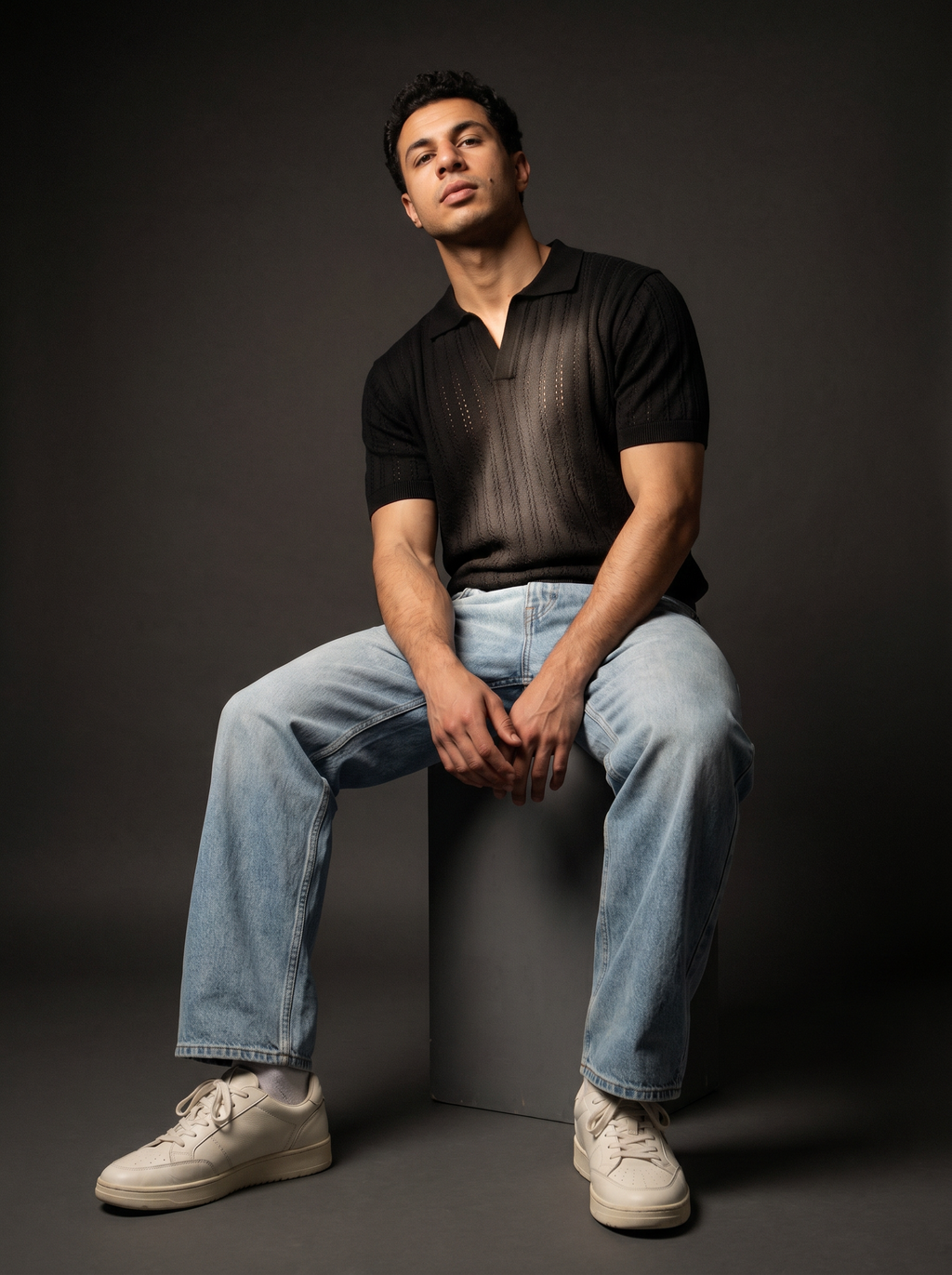 Open Knitted Short-Sleeve Polo Shirt - Black