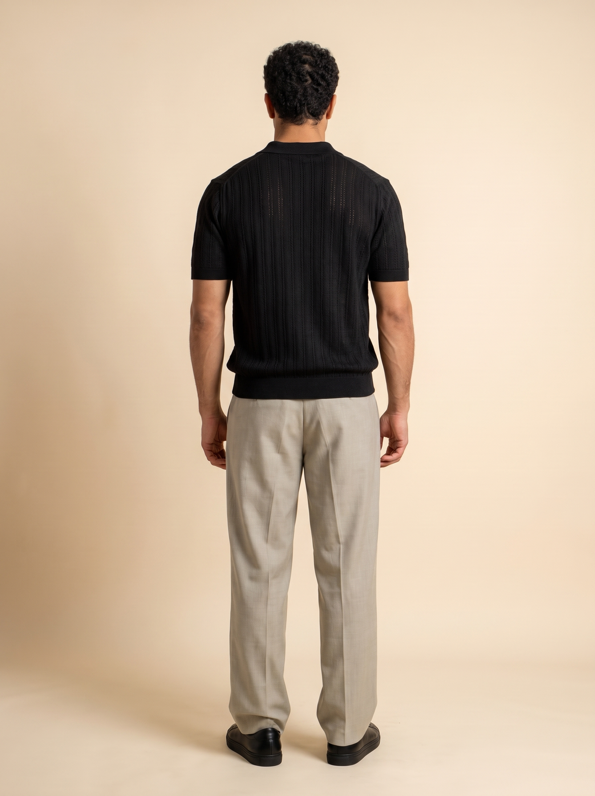 Open Knitted Short-Sleeve Polo Shirt - Black