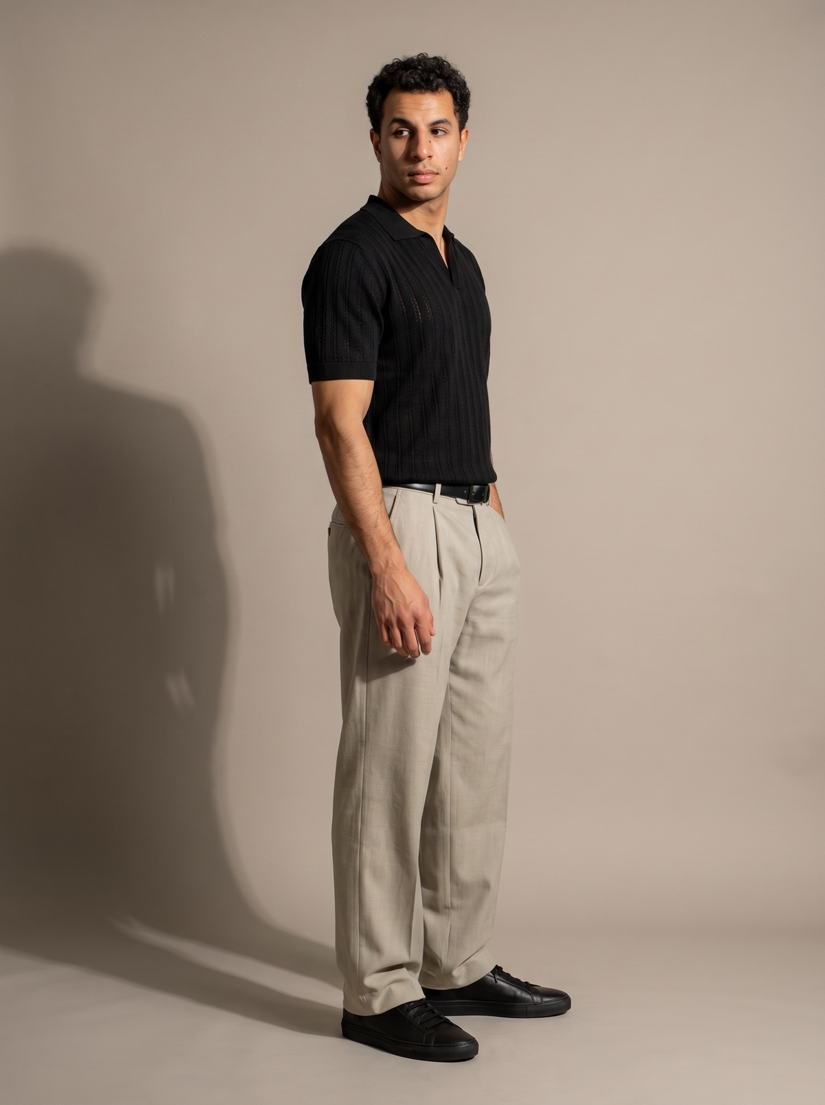 Open Knitted Short-Sleeve Polo Shirt - Black