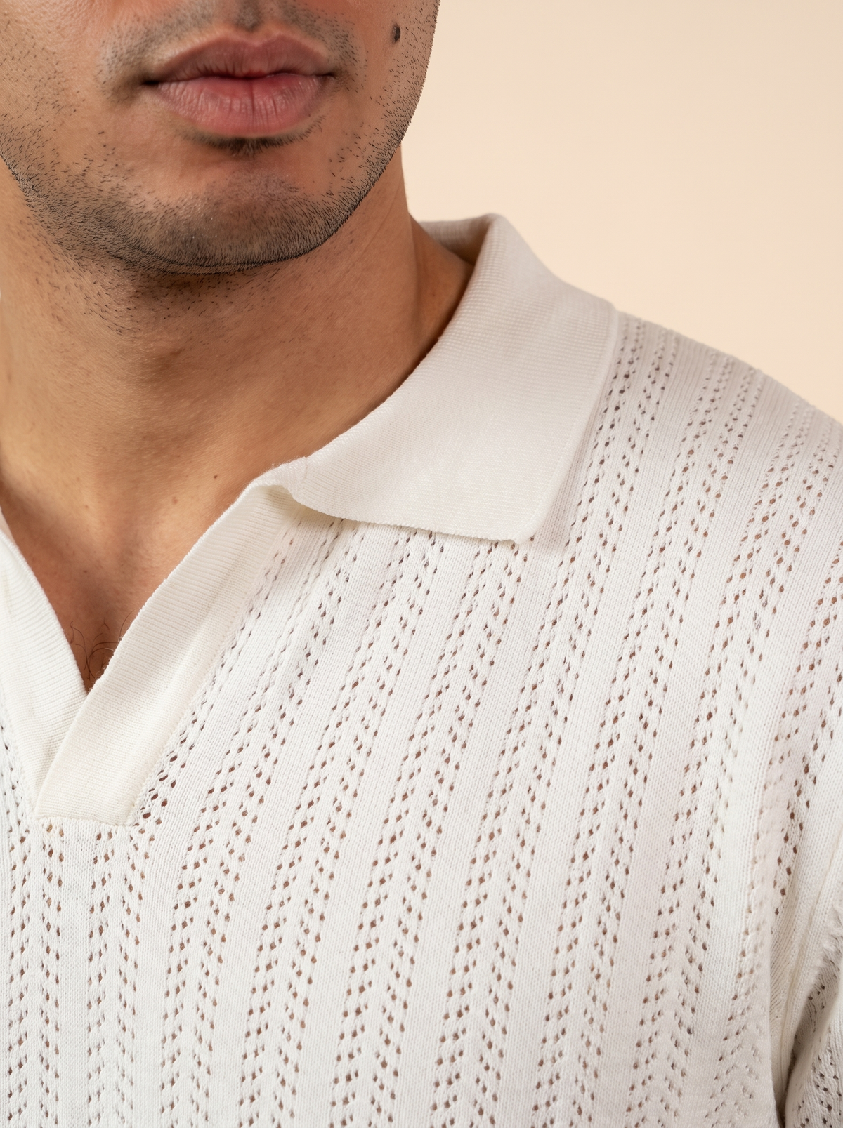 Open Knitted Short-Sleeve Polo Shirt - Creamy