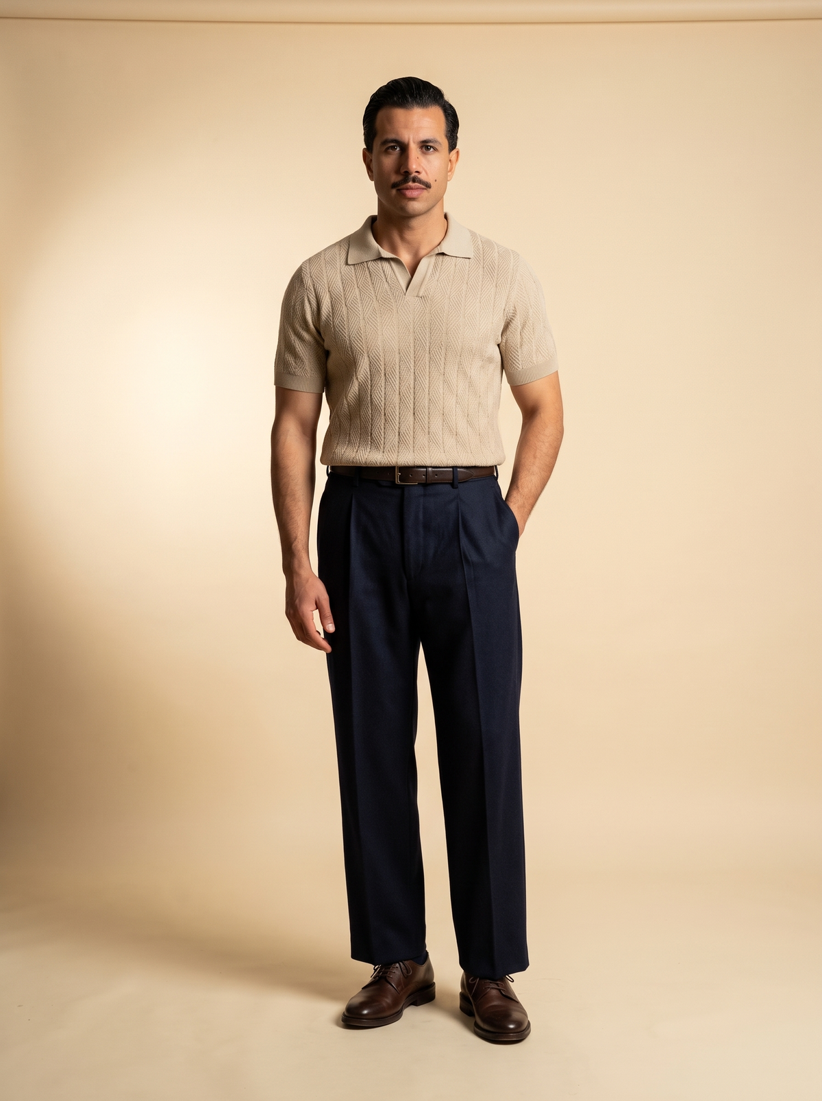 Diamond Knitted Short-Sleeve Polo Shirt - Beige