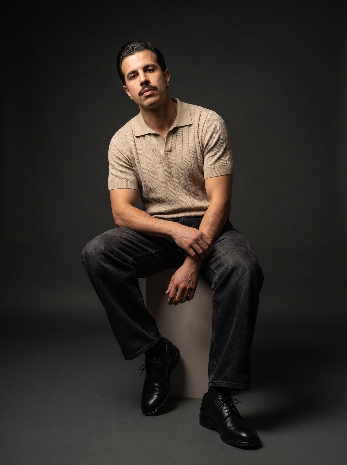 Diamond Knitted Short-Sleeve Polo Shirt - Beige