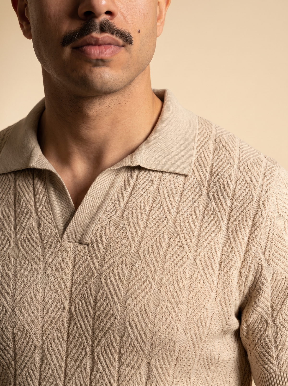 Diamond Knitted Short-Sleeve Polo Shirt - Beige