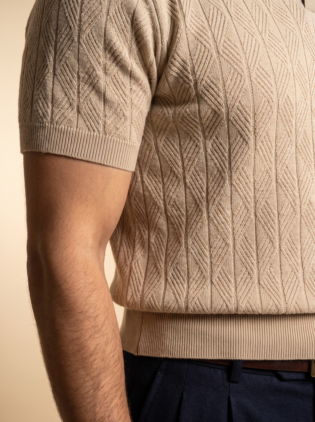 Diamond Knitted Short-Sleeve Polo Shirt - Beige