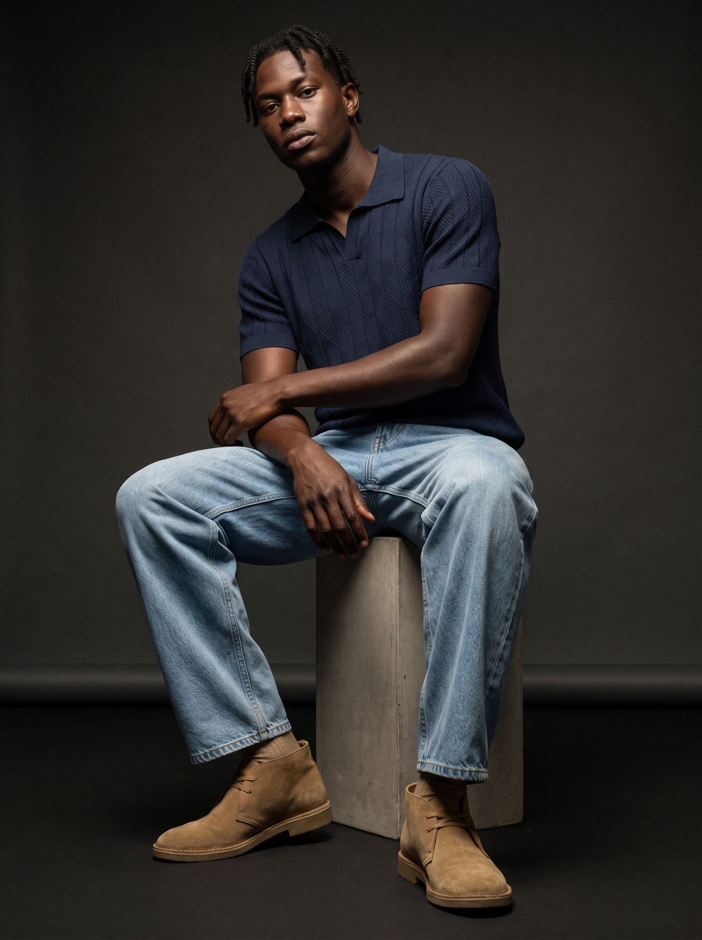 Diamond Knitted Short-Sleeve Polo Shirt - Navy