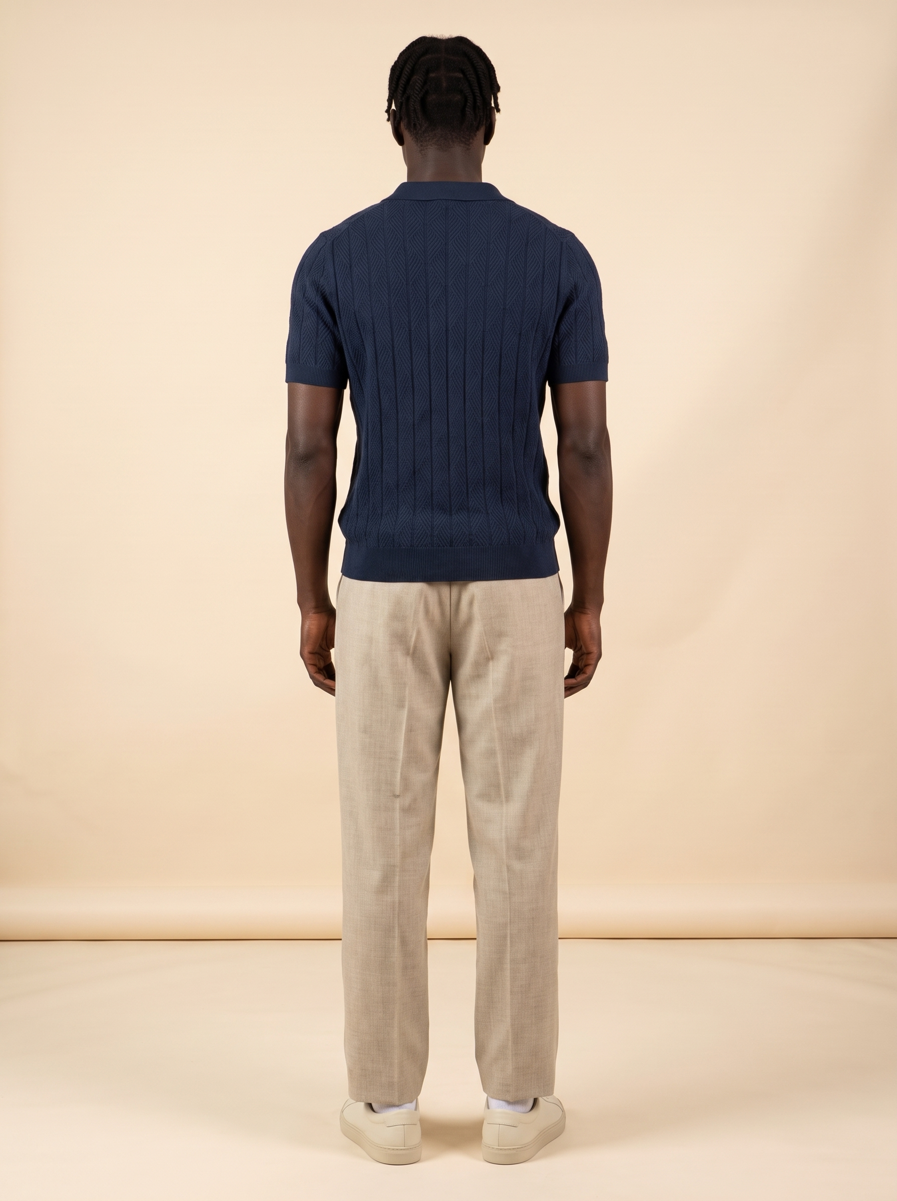 Diamond Knitted Short-Sleeve Polo Shirt - Navy