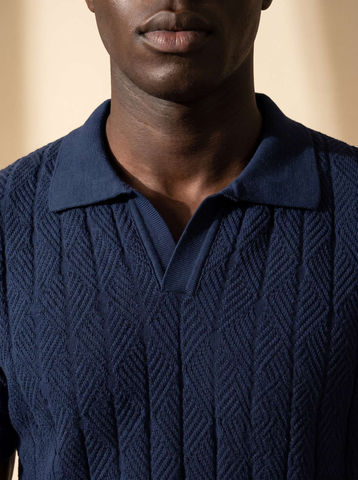 Diamond Knitted Short-Sleeve Polo Shirt - Navy