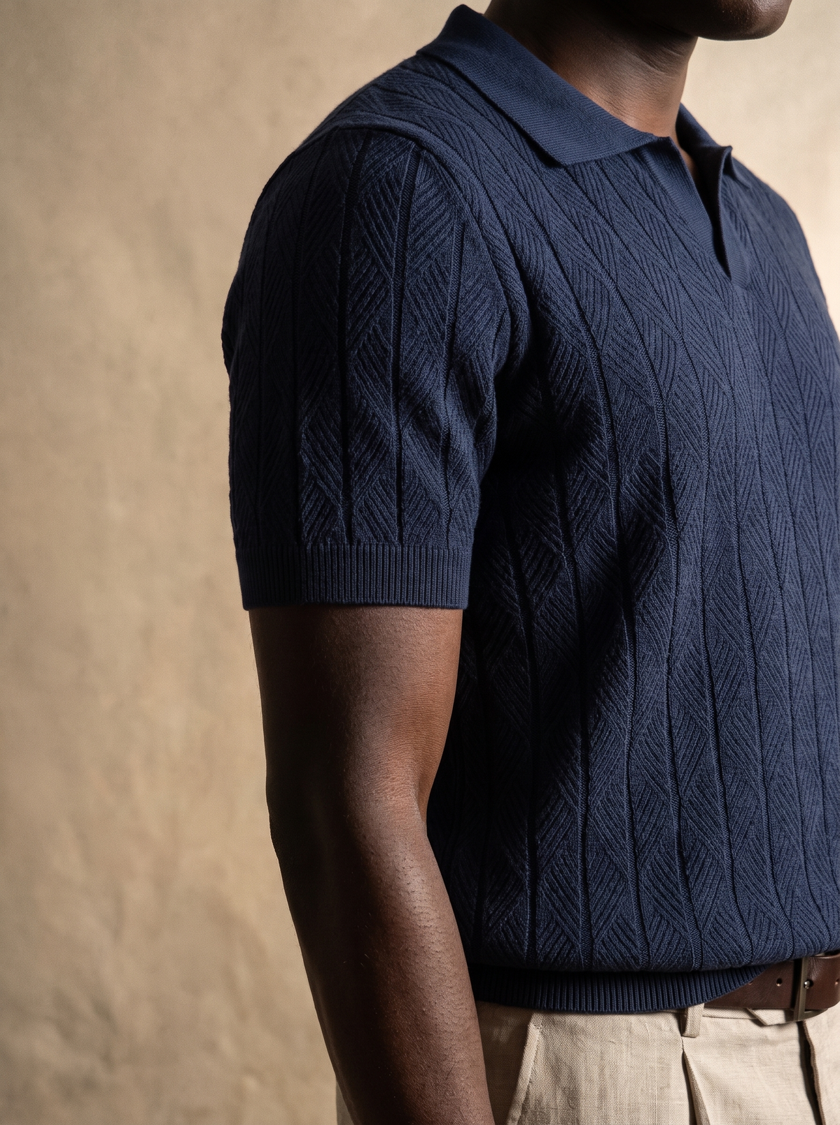 Diamond Knitted Short-Sleeve Polo Shirt - Navy