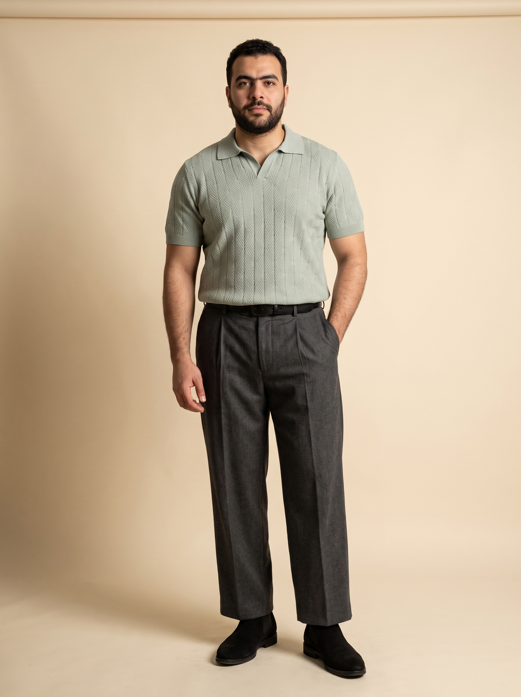 Diamond Knitted Short-Sleeve Polo Shirt - Sage