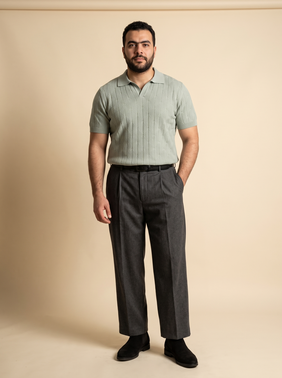 Diamond Knitted Short-Sleeve Polo Shirt - Sage