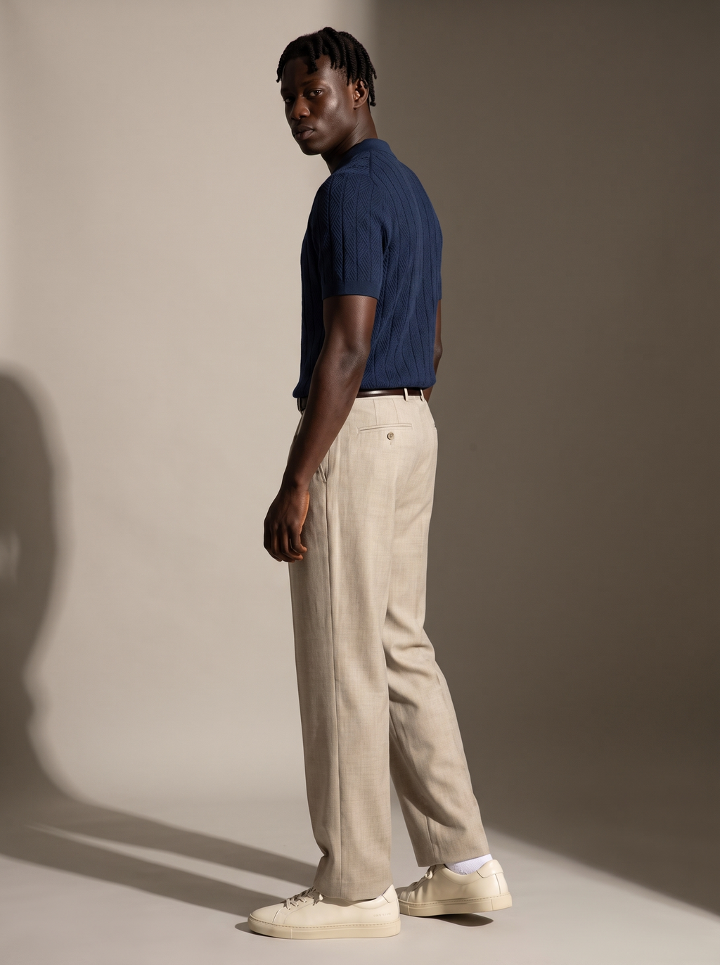 Diamond Knitted Short-Sleeve Polo Shirt - Navy